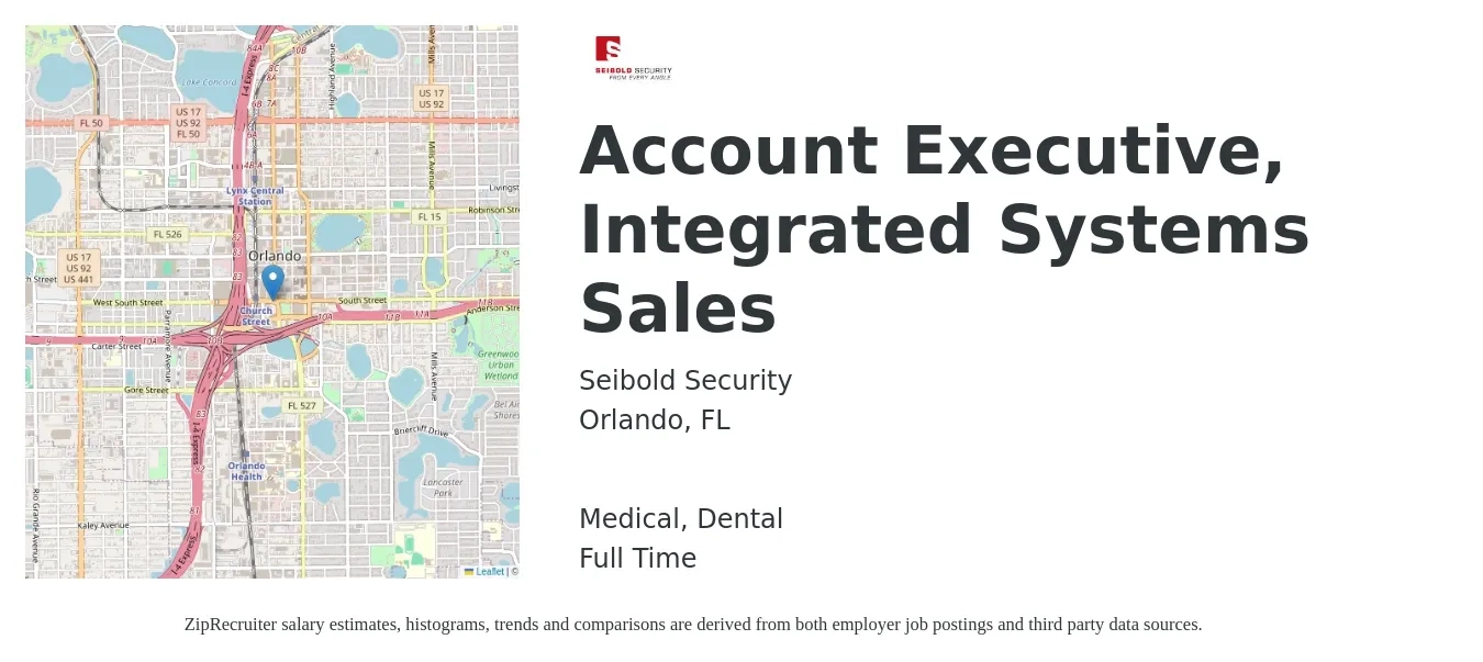 Seibold Security job posting for a Account Executive, Integrated Systems Sales in Orlando, FL with a salary of $50,400 to $88,700 Yearly and benefits including dental, life_insurance, medical, and retirement with a map of Orlando location.