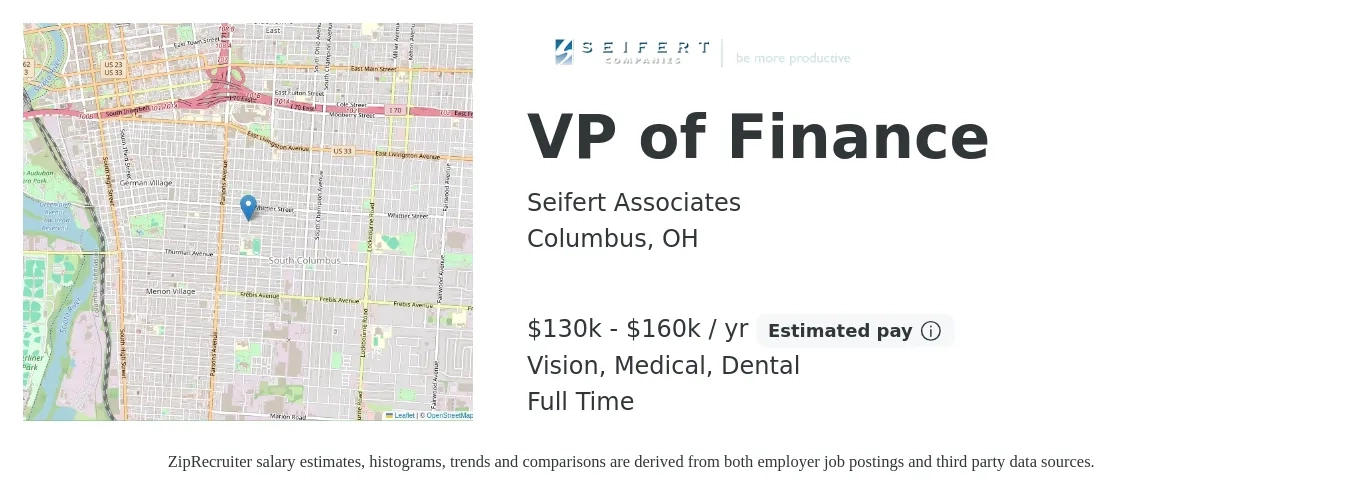 Seifert Associates job posting for a VP of Finance in Columbus, OH with a salary of $130,000 to $160,000 Yearly and benefits including vision, dental, life_insurance, medical, pto, and retirement with a map of Columbus location.