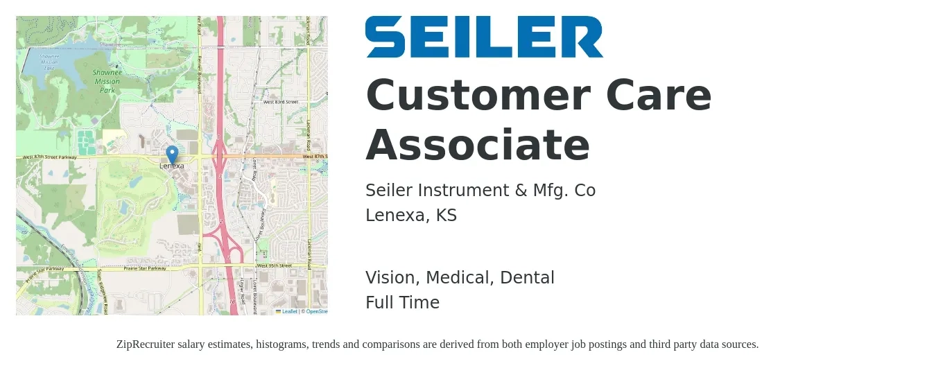 Seiler Instrument & Mfg. Co job posting for a Customer Care Associate in Lenexa, KS with a salary of $14 to $19 Hourly and benefits including medical, pto, retirement, vision, dental, and life_insurance with a map of Lenexa location.