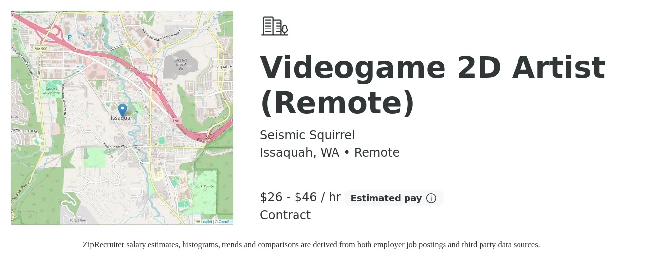 Seismic Squirrel job posting for a Videogame 2D Artist (Remote) in Issaquah, WA with a salary of $28 to $48 Hourly with a map of Issaquah location.
