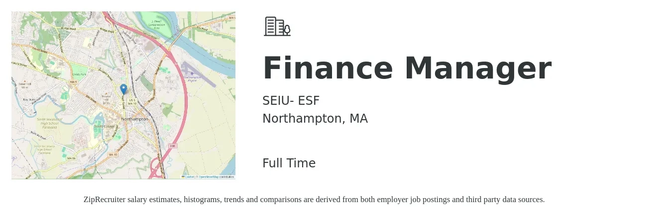 SEIU- ESF job posting for a Finance Manager in Northampton, MA with a salary of $94,100 to $167,300 Yearly with a map of Northampton location.