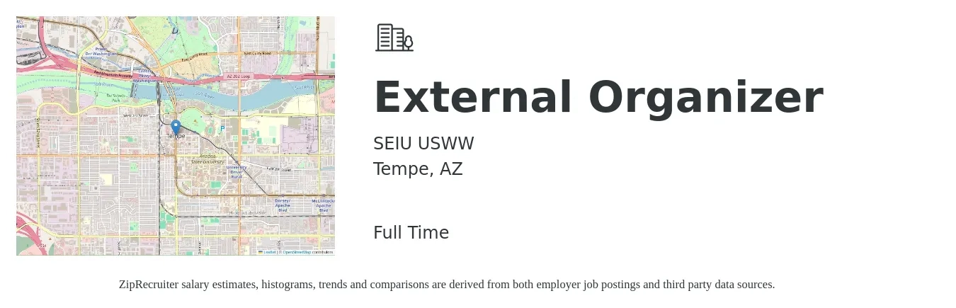 SEIU USWW job posting for a External Organizer in Tempe, AZ with a salary of $72,916 to $81,156 Yearly with a map of Tempe location.