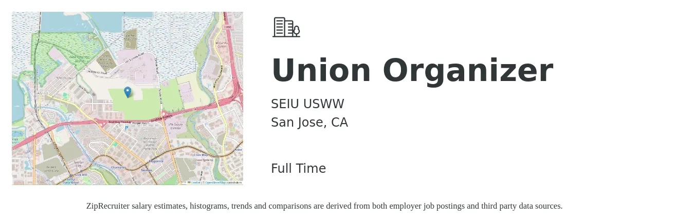 SEIU USWW job posting for a Union Organizer in San Jose, CA with a salary of $72,916 to $81,156 Yearly with a map of San Jose location.