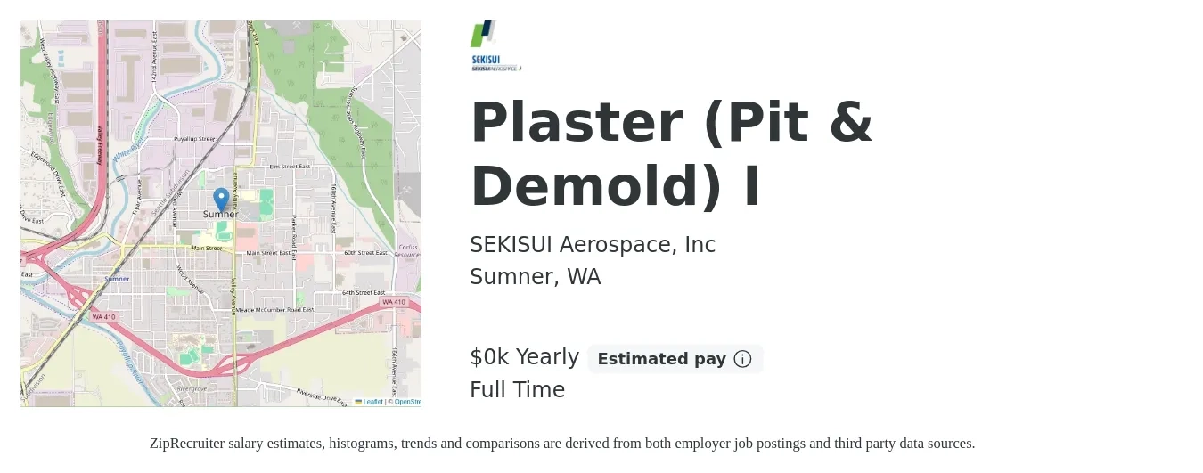 SEKISUI Aerospace, Inc job posting for a Plaster (Pit & Demold) I in Sumner, WA with a salary of $20 to $24 Yearly with a map of Sumner location.