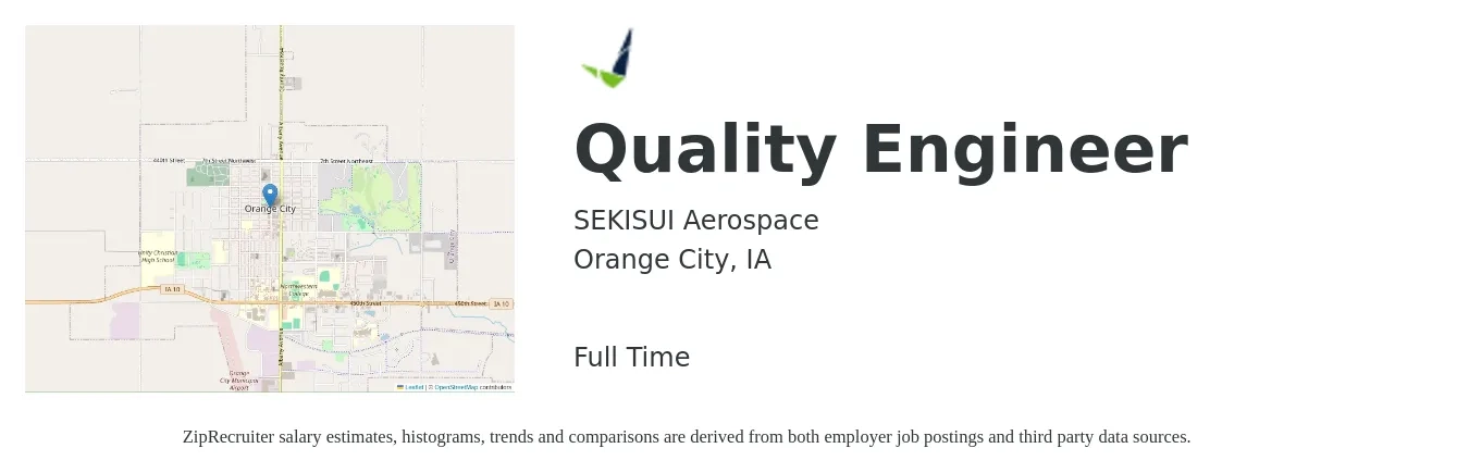 SEKISUI Aerospace job posting for a Quality Engineer in Orange City, IA with a salary of $66,200 to $85,600 Yearly with a map of Orange City location.