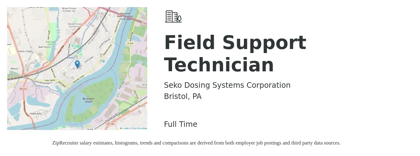Seko Dosing Systems Corporation job posting for a Field Support Technician in Bristol, PA with a salary of $45,000 to $65,000 Yearly with a map of Bristol location.