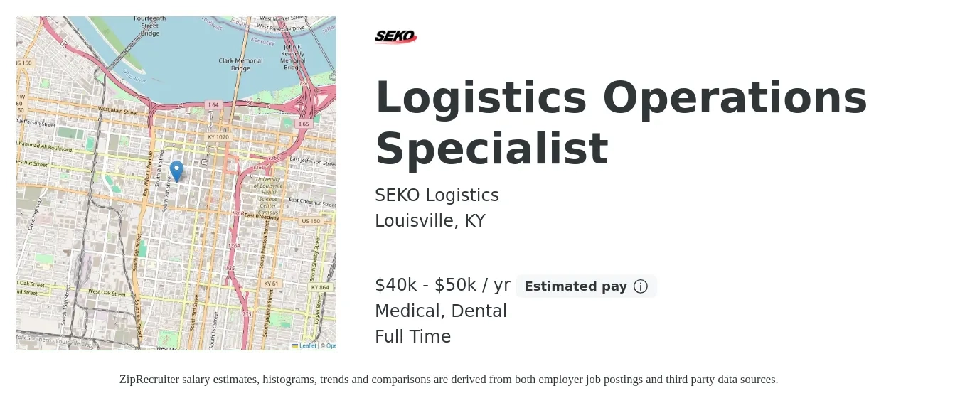 SEKO Logistics job posting for a Logistics Operations Specialist in Louisville, KY with a salary of $40,000 to $50,000 Yearly and benefits including dental, medical, pto, and retirement with a map of Louisville location.