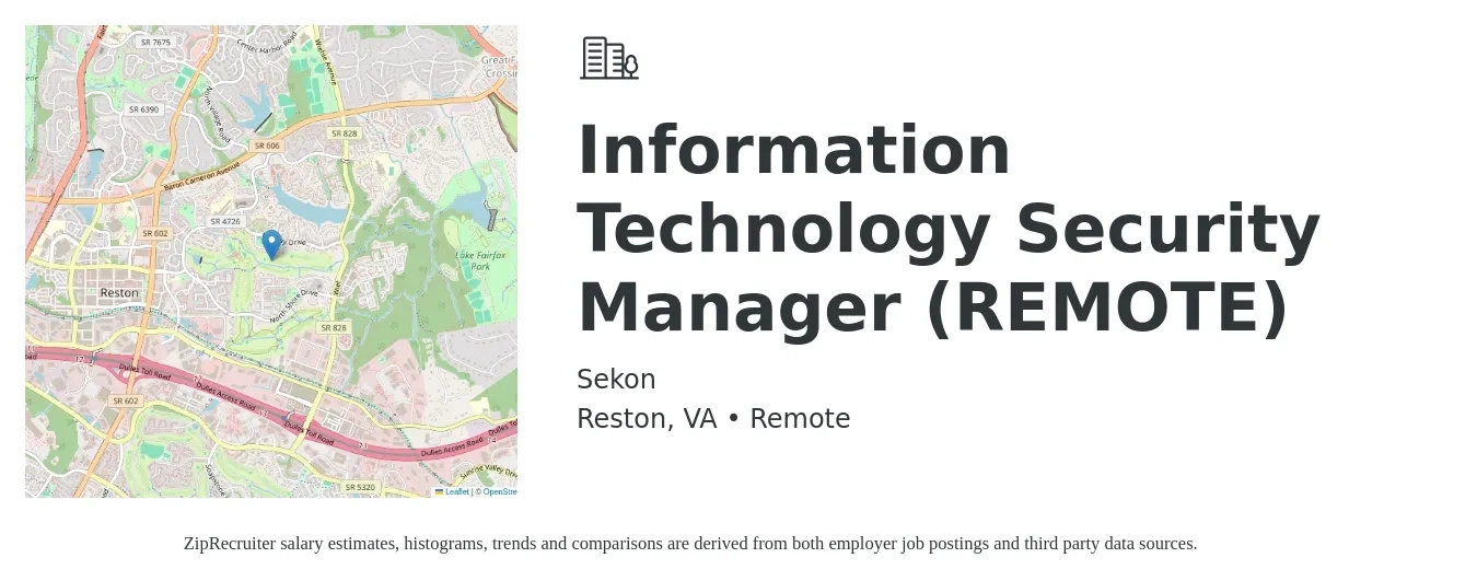 Sekon job posting for a Information Technology Security Manager (REMOTE) in Reston, VA with a salary of $101,400 to $151,900 Yearly with a map of Reston location.