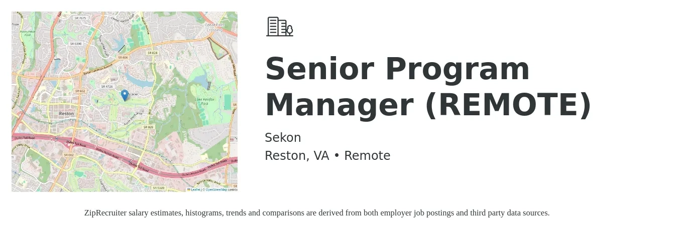 Sekon job posting for a Senior Program Manager (REMOTE) in Reston, VA with a salary of $120,700 to $121,200 Yearly with a map of Reston location.