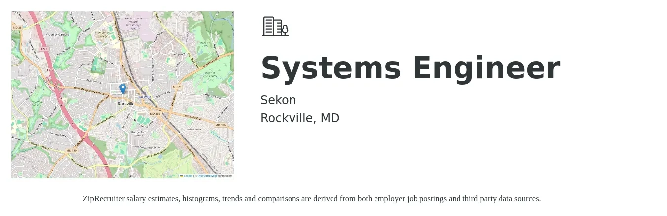 Sekon job posting for a Systems Engineer in Rockville, MD with a salary of $99,900 to $160,100 Yearly with a map of Rockville location.