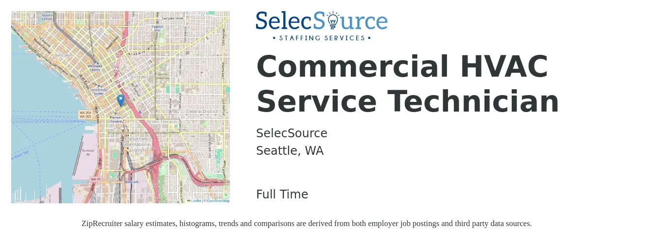 SelecSource job posting for a Commercial HVAC Service Technician in Seattle, WA with a salary of $34 to $44 Hourly with a map of Seattle location.