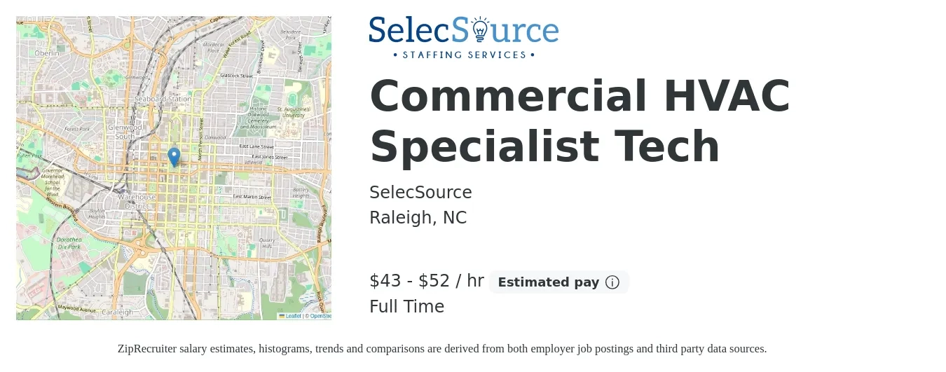 SelecSource job posting for a Commercial HVAC Specialist Tech in Raleigh, NC with a salary of $45 to $55 Hourly with a map of Raleigh location.