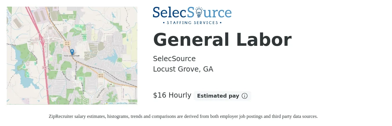 SelecSource job posting for a General Labor in Locust Grove, GA with a salary of $17 Hourly with a map of Locust Grove location.
