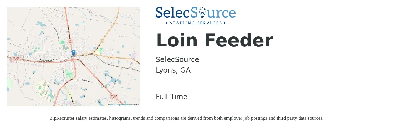 SelecSource job posting for a Loin Feeder in Lyons, GA with a salary of $11 to $14 Hourly with a map of Lyons location.