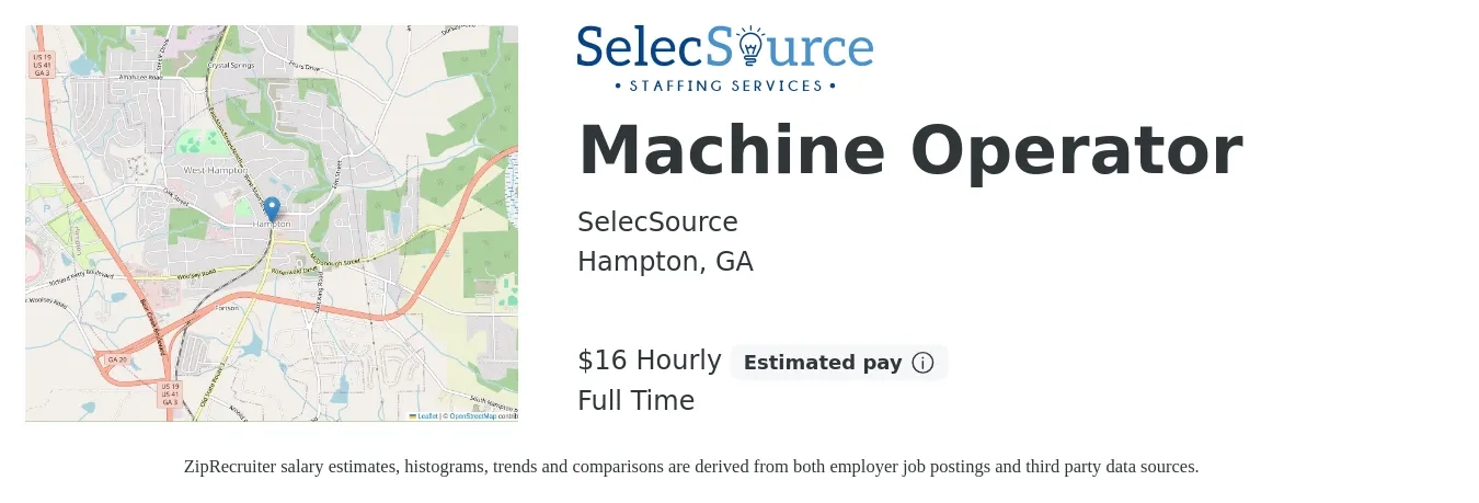 SelecSource job posting for a Machine Operator in Hampton, GA with a salary of $17 Hourly with a map of Hampton location.
