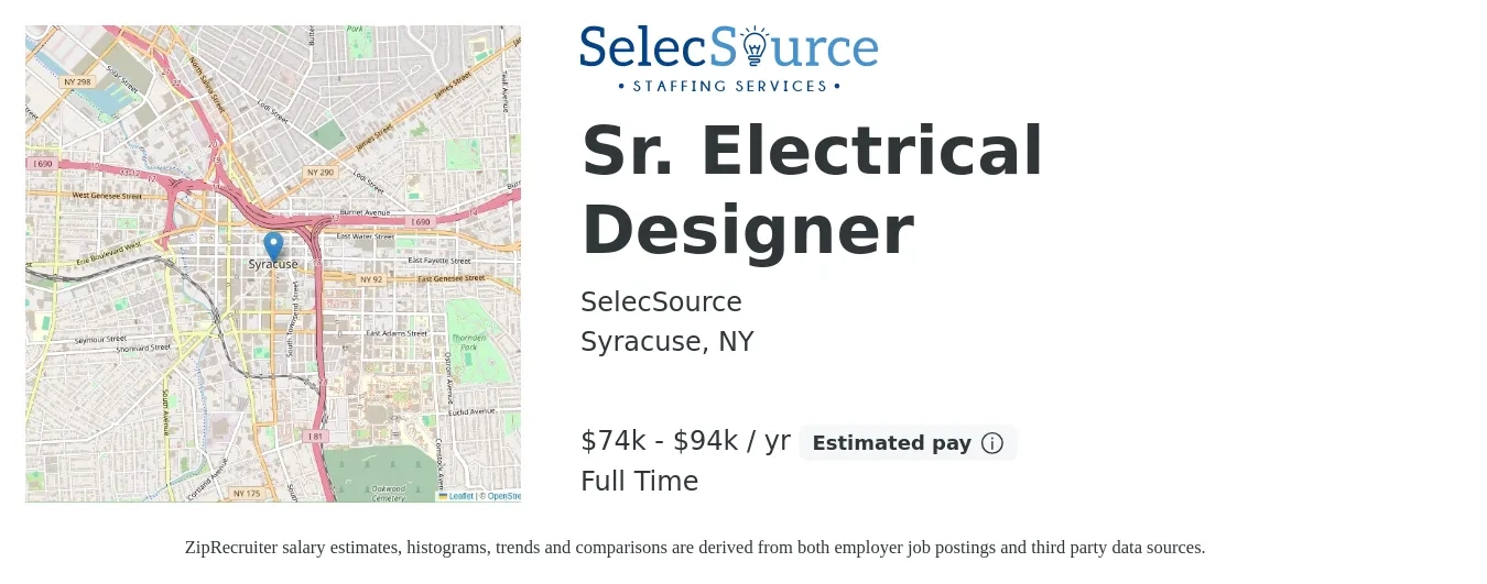 SelecSource job posting for a Sr. Electrical Designer in Syracuse, NY with a salary of $74,000 to $94,000 Yearly with a map of Syracuse location.