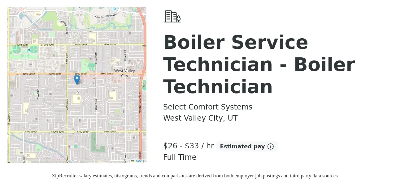 Select Comfort Systems job posting for a Boiler Service Technician - Boiler Technician in West Valley City, UT with a salary of $28 to $35 Hourly with a map of West Valley City location.