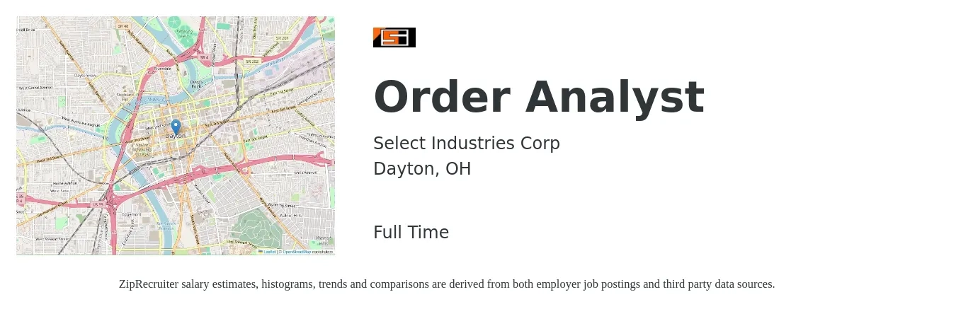 Select Industries Corp job posting for a Order Analyst in Dayton, OH with a salary of $23 to $34 Hourly with a map of Dayton location.