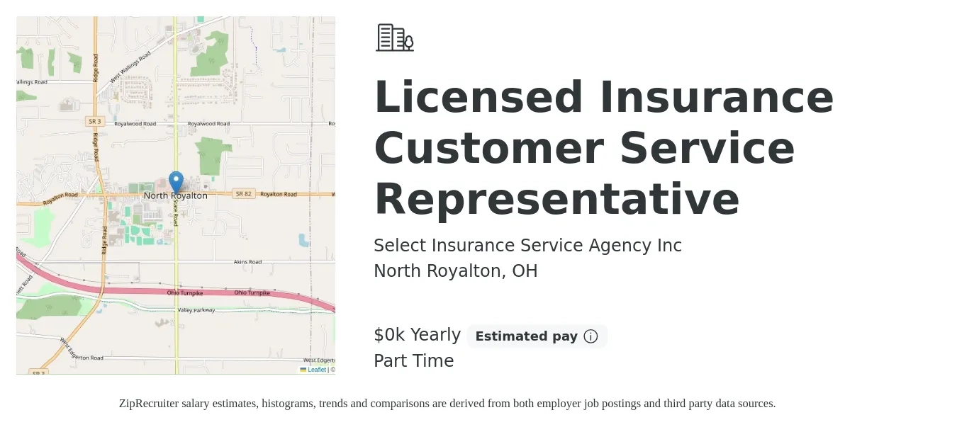 Select Insurance Service Agency Inc job posting for a Licensed Insurance Customer Service Representative in North Royalton, OH with a salary of $18 to $23 Yearly with a map of North Royalton location.