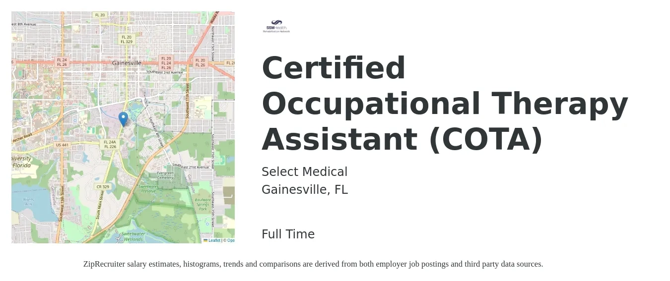 Select Medical job posting for a Certified Occupational Therapy Assistant (COTA) in Gainesville, FL with a salary of $26 to $34 Hourly with a map of Gainesville location.