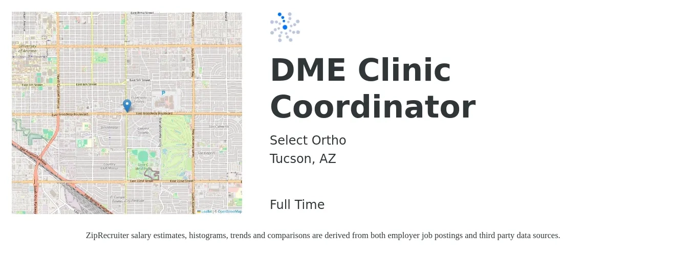 Select Ortho job posting for a DME Clinic Coordinator in Tucson, AZ with a salary of $19 to $30 Hourly with a map of Tucson location.