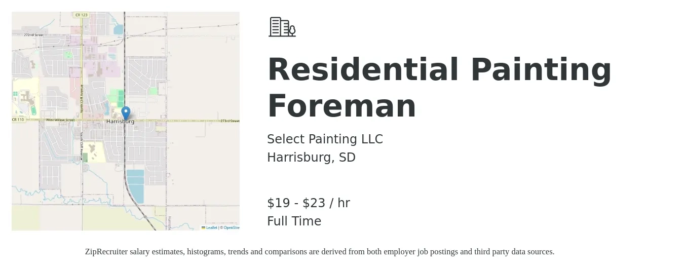 Select Painting LLC job posting for a Residential Painting Foreman in Harrisburg, SD with a salary of $20 to $24 Hourly with a map of Harrisburg location.