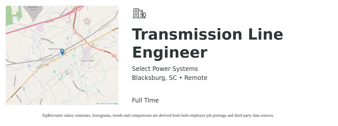 Select Power Systems job posting for a Transmission Line Engineer in Blacksburg, SC with a salary of $82,700 to $135,700 Yearly with a map of Blacksburg location.