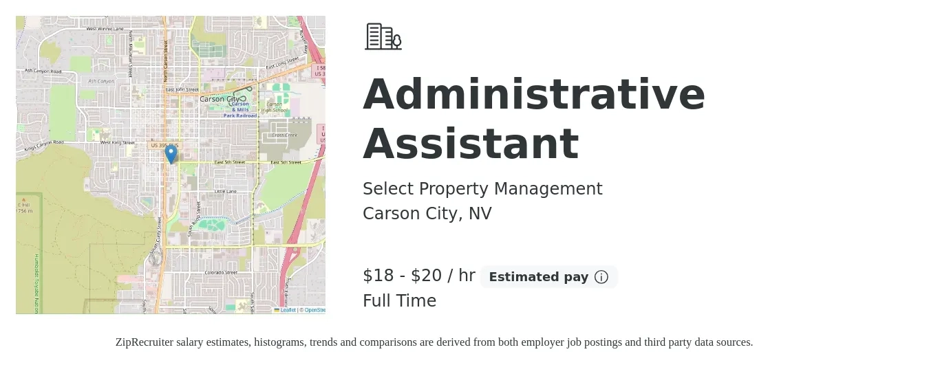 Select Property Management job posting for a Administrative Assistant in Carson City, NV with a salary of $19 to $21 Hourly with a map of Carson City location.
