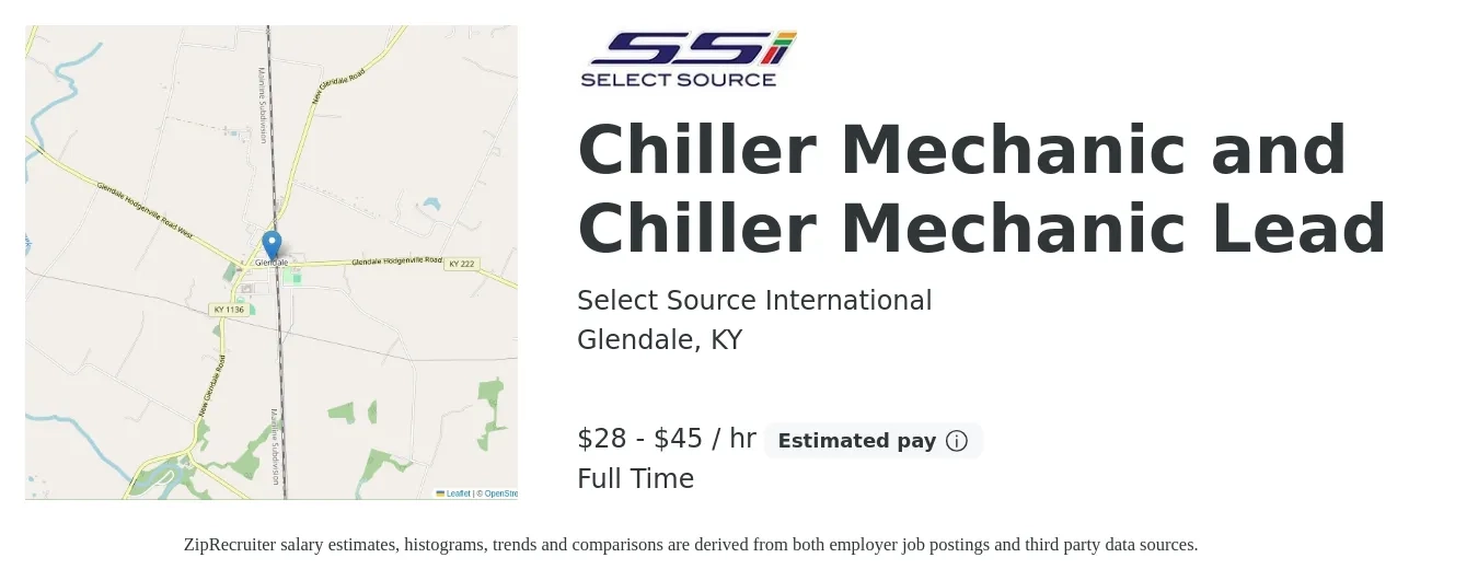 Select Source International job posting for a Chiller Mechanic and Chiller Mechanic Lead in Glendale, KY with a salary of $30 to $47 Hourly with a map of Glendale location.
