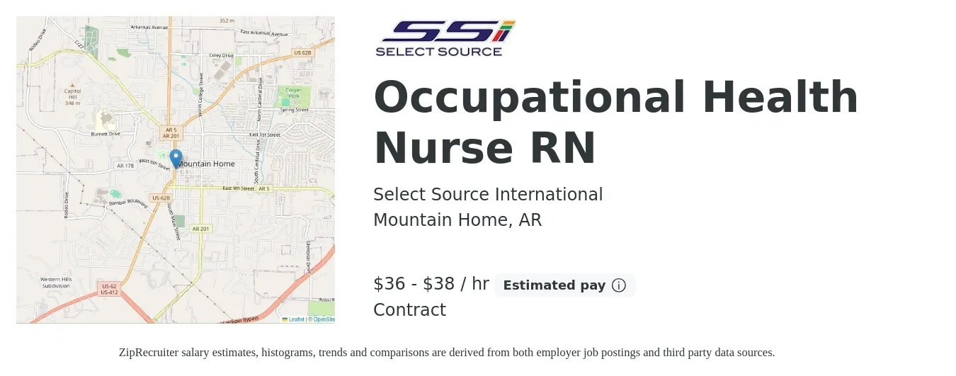 Select Source International job posting for a Occupational Health Nurse RN in Mountain Home, AR with a salary of $38 to $40 Hourly with a map of Mountain Home location.