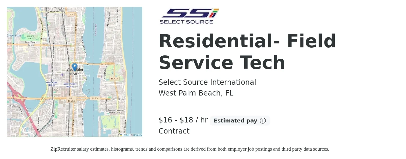 Select Source International job posting for a Residential- Field Service Tech in West Palm Beach, FL with a salary of $17 to $19 Hourly with a map of West Palm Beach location.