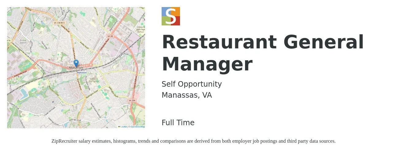 Self Opportunity job posting for a Restaurant General Manager in Manassas, VA with a salary of $90 Daily with a map of Manassas location.