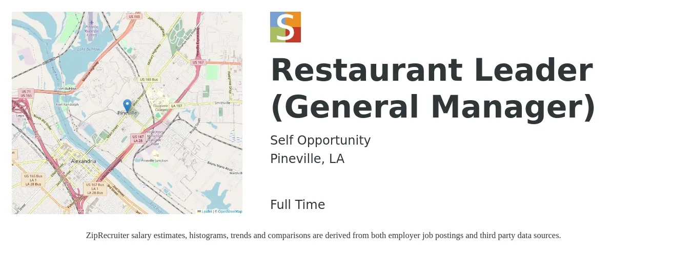 Self Opportunity job posting for a Restaurant Leader (General Manager) in Pineville, LA with a salary of $49,700 to $68,600 Yearly with a map of Pineville location.