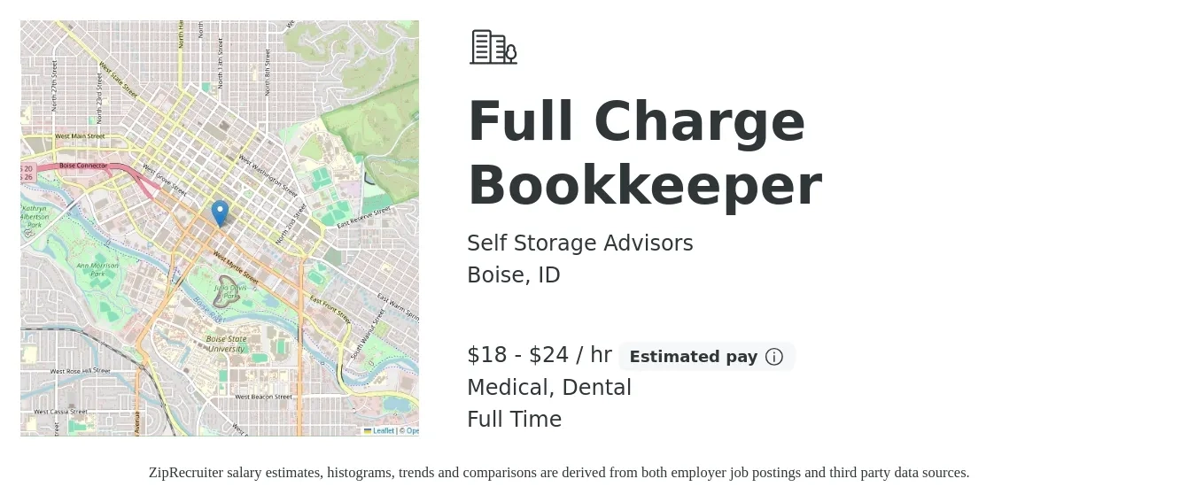 Self Storage Advisors job posting for a Full Charge Bookkeeper in Boise, ID with a salary of $19 to $25 Hourly and benefits including medical, pto, retirement, and dental with a map of Boise location.