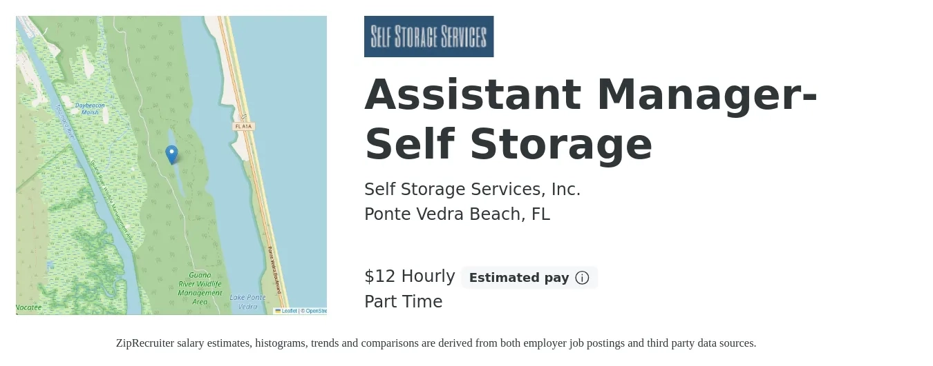 Self Storage Services, Inc. job posting for a Assistant Manager-Self Storage in Ponte Vedra Beach, FL with a salary of $13 Hourly and benefits including retirement with a map of Ponte Vedra Beach location.