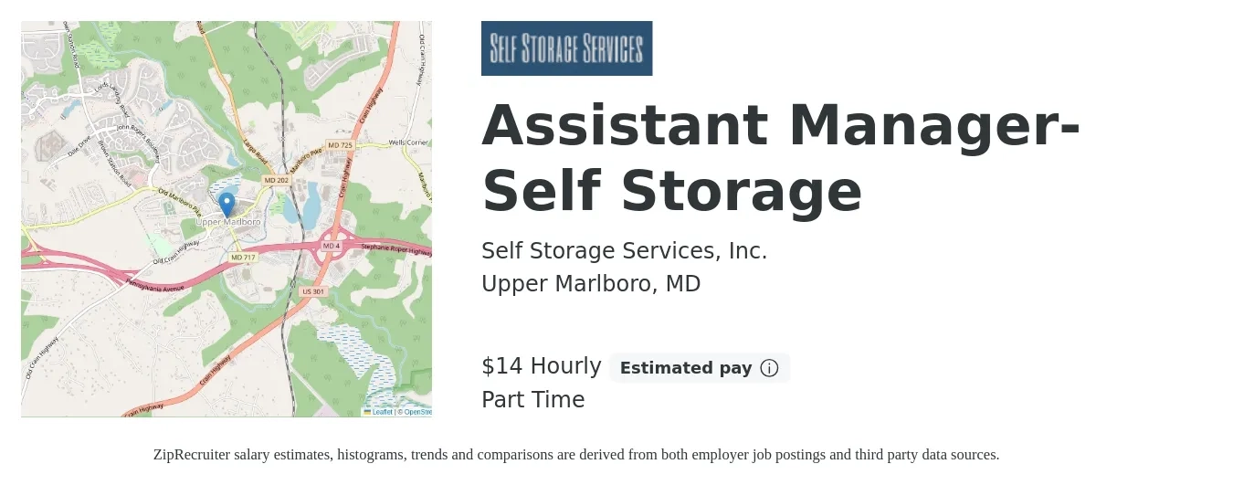 Self Storage Services, Inc. job posting for a Assistant Manager-Self Storage in Upper Marlboro, MD with a salary of $15 Hourly and benefits including pto, and retirement with a map of Upper Marlboro location.