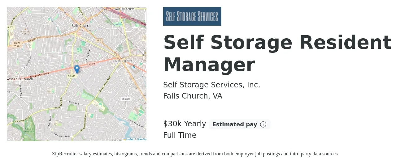 Self Storage Services, Inc. job posting for a Self Storage Resident Manager in Falls Church, VA with a salary of $30,000 Yearly (plus commission) and benefits including pto, and retirement with a map of Falls Church location.