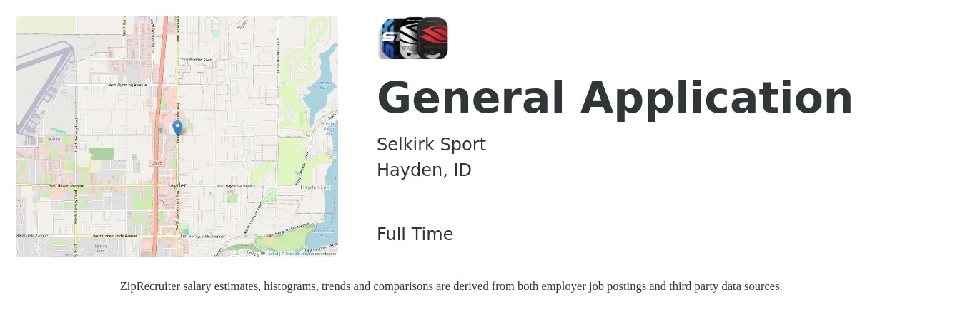 Selkirk Sport job posting for a General Application in Hayden, ID with a salary of $42 to $61 Hourly with a map of Hayden location.