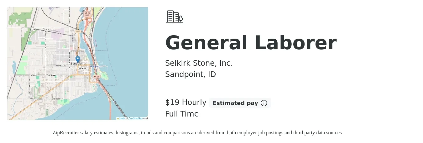 Selkirk Stone, Inc. job posting for a General Laborer in Sandpoint, ID with a salary of $20 Hourly with a map of Sandpoint location.