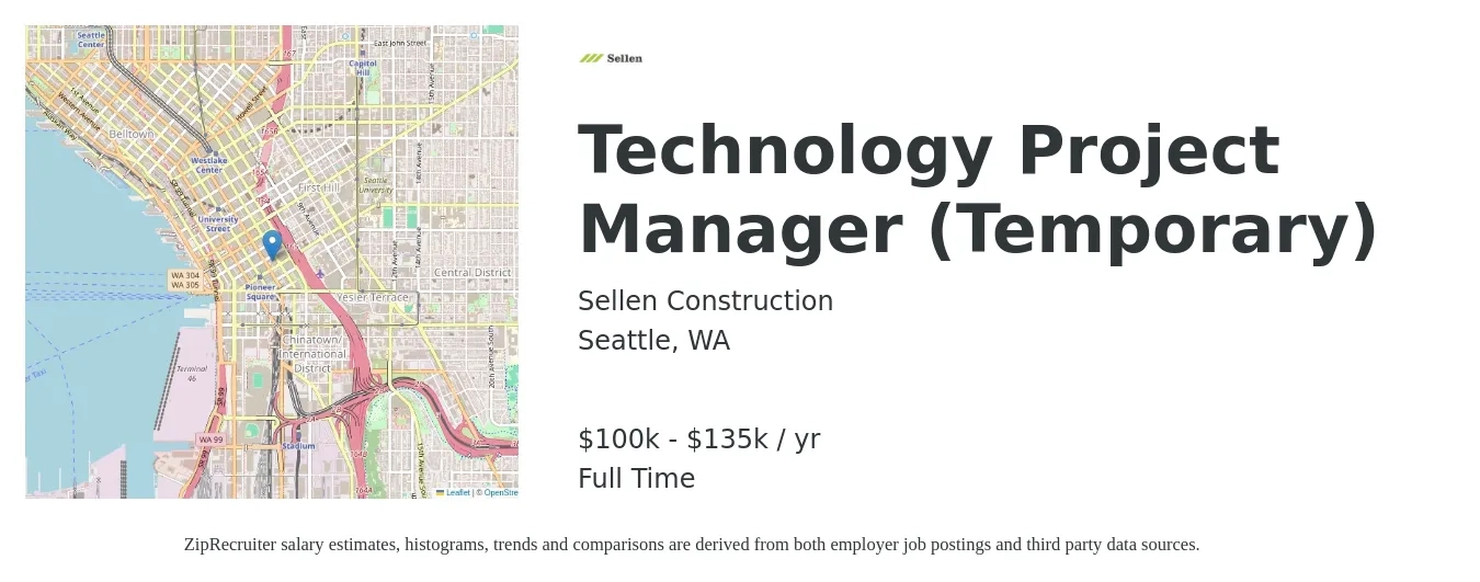 Sellen Construction job posting for a Technology Project Manager (Temporary) in Seattle, WA with a salary of $100,237 to $135,614 Yearly with a map of Seattle location.