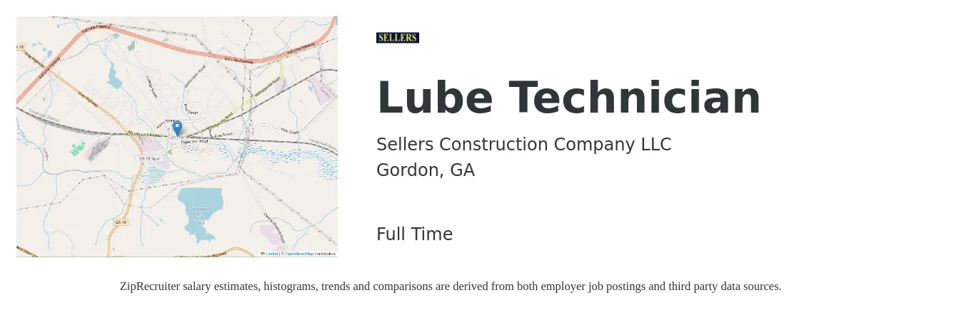 Sellers Construction Company LLC job posting for a Lube Technician in Gordon, GA with a salary of $13 to $18 Hourly with a map of Gordon location.