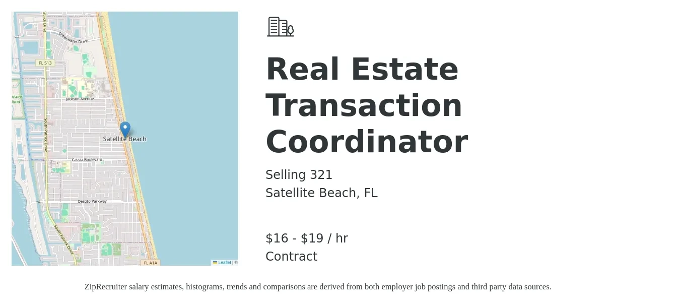 Selling 321 job posting for a Real Estate Transaction Coordinator in Satellite Beach, FL with a salary of $17 to $20 Hourly with a map of Satellite Beach location.