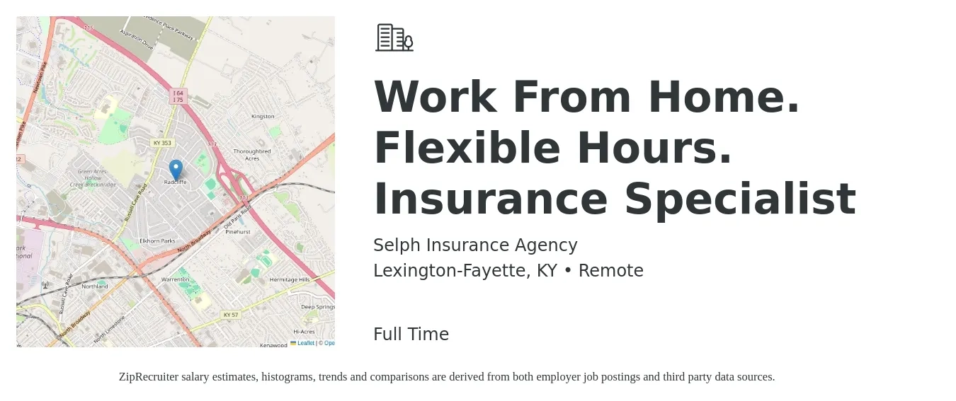 Selph Insurance Agency job posting for a Work From Home. Flexible Hours. Insurance Specialist in Lexington-Fayette, KY with a salary of $75,000 Yearly with a map of Lexington-Fayette location.