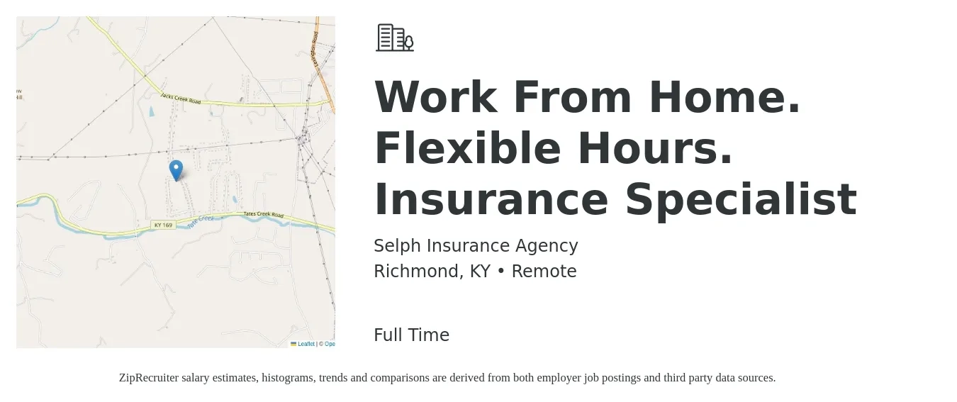Selph Insurance Agency job posting for a Work From Home. Flexible Hours. Insurance Specialist in Richmond, KY with a salary of $75,000 Yearly with a map of Richmond location.