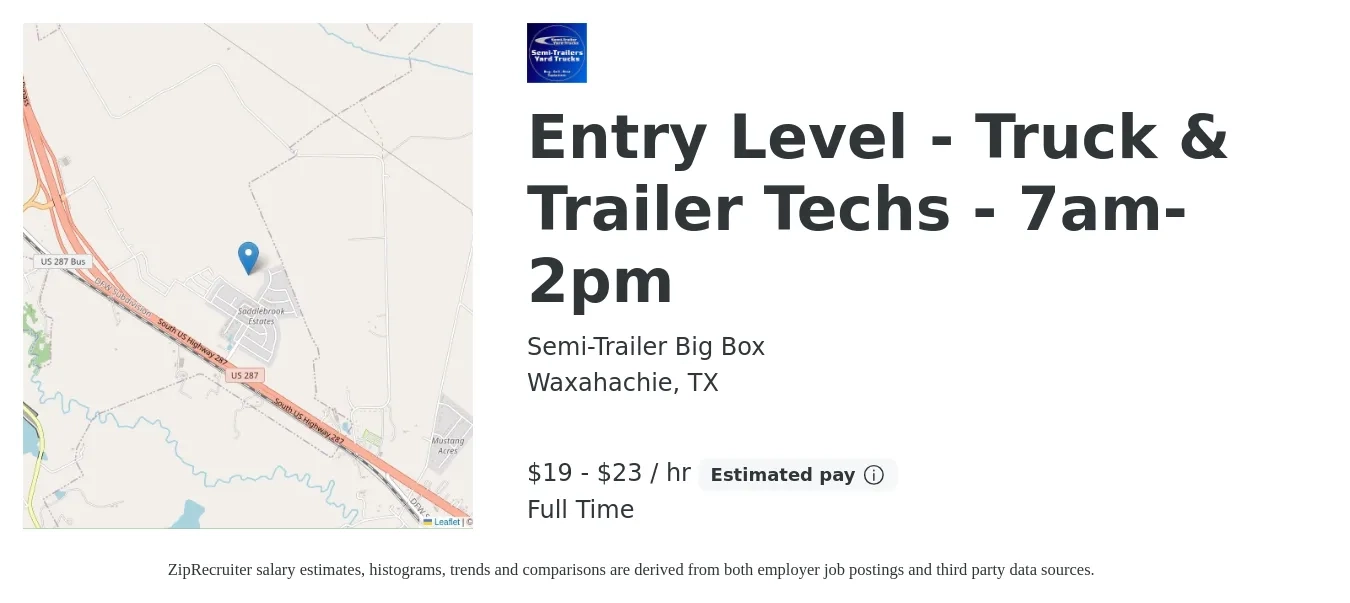 Semi-Trailer Big Box job posting for a Entry Level - Truck & Trailer Techs - 7am-2pm in Waxahachie, TX with a salary of $20 to $24 Hourly with a map of Waxahachie location.
