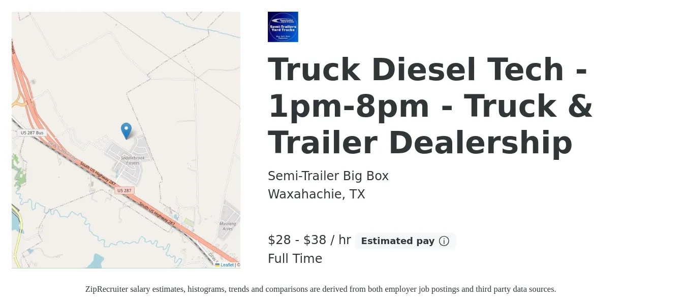 Semi-Trailer Big Box job posting for a Truck Diesel Tech - 1pm-8pm - Truck & Trailer Dealership in Waxahachie, TX with a salary of $30 to $40 Hourly with a map of Waxahachie location.