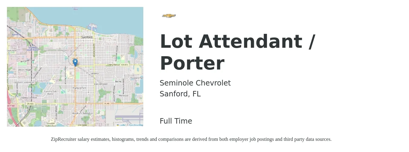 Seminole Chevrolet job posting for a Lot Attendant / Porter in Sanford, FL with a salary of $13 to $15 Hourly with a map of Sanford location.