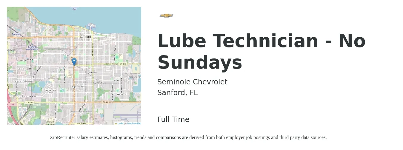 Seminole Chevrolet job posting for a Lube Technician - No Sundays in Sanford, FL with a salary of $12 to $16 Hourly with a map of Sanford location.