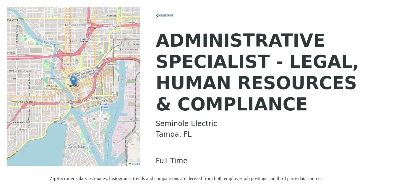 Seminole Electric job posting for a ADMINISTRATIVE SPECIALIST - LEGAL, HUMAN RESOURCES & COMPLIANCE in Tampa, FL with a salary of $43,900 to $59,500 Yearly with a map of Tampa location.