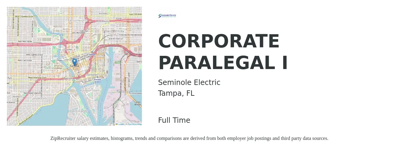 Seminole Electric job posting for a CORPORATE PARALEGAL I in Tampa, FL with a salary of $67,100 to $89,800 Yearly with a map of Tampa location.